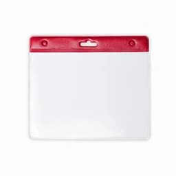 A clear plastic badge holder with a red top and hanging slot. Ideal for displaying identification cards.