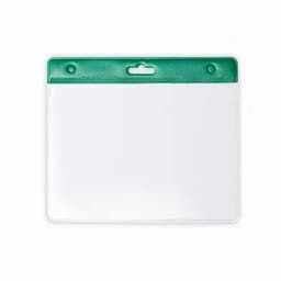 A transparent plastic name tag holder with a green top and slot for attachment.