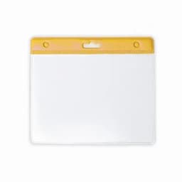 A clear plastic pouch with a yellow top, featuring a slot for attachment and a ruler design along the edge.