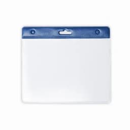 A clear plastic badge holder featuring a blue top with a slot for attachment.