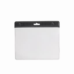 A clear plastic pouch with a black top, designed for holding cards or documents. It has a hole for attachment.