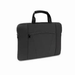 A laptop sleeve in black with a zippered front pocket and a sturdy handle for easy carrying.