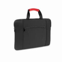 A black laptop bag with a red handle and a front zip pocket. It features a sleek and modern design.