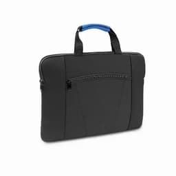 A laptop sleeve in black with a blue handle and a front zipper pocket. It has textured detailing.