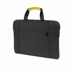 A laptop sleeve in black with a yellow handle and a zippered front pocket. It features a sleek design.