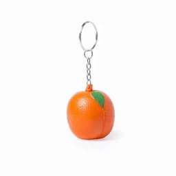 A keychain featuring a vibrant orange fruit design with a small green leaf, attached to a metallic ring.