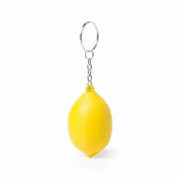 A keyring shaped like a yellow lemon, featuring a shiny metal chain for attachment.