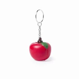 A keychain featuring a red apple design with a green leaf, complete with a metal ring for attachment.
