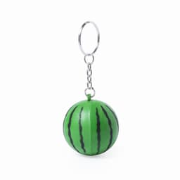A keychain featuring a spherical, green watermelon design with black stripes.