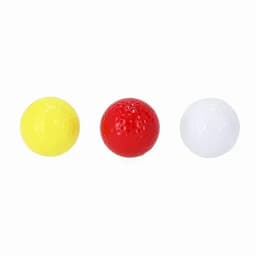 Three golf balls in bright yellow, red, and white, showcasing a dimpled surface.