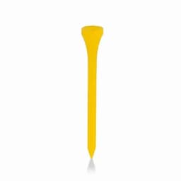 A yellow golf tee, featuring a tapered design with a pointed end for securing in the ground.