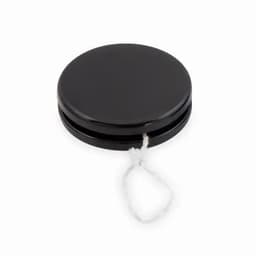 A black yo-yo with a glossy finish and a white string attached.