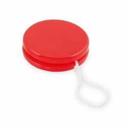 A red drink bottle with a round design and a white attachment loop. It features branding on the surface.