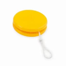 A yellow yo-yo with a white string attached for easy handling. Features a smooth circular design.