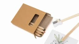 A stationery set featuring a cardboard box containing wooden coloured pencils and a sharpener beside a colouring page.