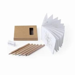 A colouring set with a box, six coloured pencils, an eraser, and a spiral-bound colouring book.
