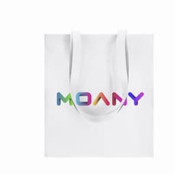 A white tote bag featuring a multi-coloured logo design. It has two sturdy handles for carrying.