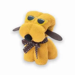 A plush toy dog in yellow with sunglasses and a brown bowtie. It has floppy ears and a cute expression.