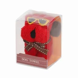 A red dog towel packaged in a clear box, featuring sunglasses and a brown bow tie.
