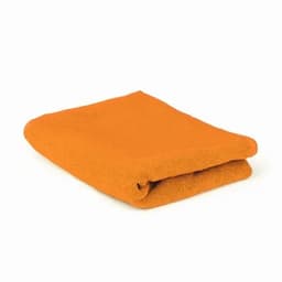 An orange towel, neatly folded, displaying a soft texture and vibrant colour. It has no visible logos or branding.