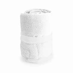 A rolled white towel secured with a band, featuring a textured surface with a mesh section.