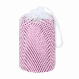 A gym towel in a cylindrical mesh bag, featuring a pink and white design. The bag has a drawstring closure.