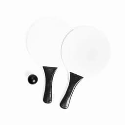 Two white paddles with black handles and a black ball beside them. The paddles have a smooth surface and curved shape.