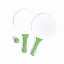 Two white paddle batts with green handles and a small green ball, arranged side by side.