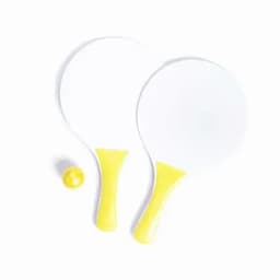 A pair of white paddle bats with yellow handles and a small yellow ball beside them.