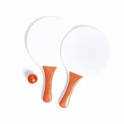 Two white paddles with orange handles and a small red ball. The paddles have a smooth surface and rounded edges.