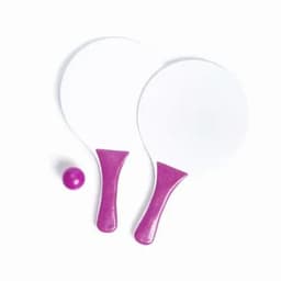 A set of two white paddle bats with pink handles and a small purple ball.