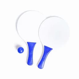A set of two white paddle bats with blue handles and a small blue ball.
