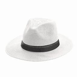 A white hat with a black band, featuring a wide brim and a textured weave design.