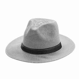 A light grey hat with a wide brim and a black band around the base. It has a textured finish.