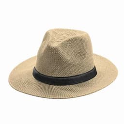 A tan straw fedora hat with a black band around the base.