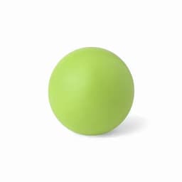 A green exercise ball with a smooth, matte finish, resting on a white surface.