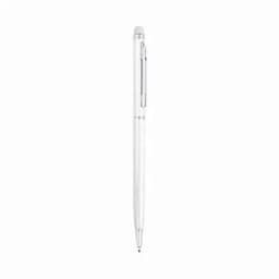A pen with a white body and a silver clip, featuring a transparent section.