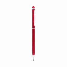 A red pen with a sleek design and silver accents, featuring a clip and retractable tip.