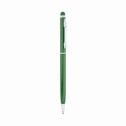 A green pen with a silver clip and detailing, featuring a stylus tip at the top.