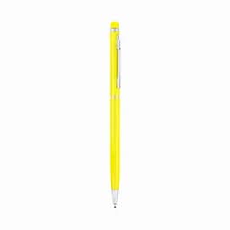 A yellow pen with a shiny finish and silver accents, featuring a clip for attachment.