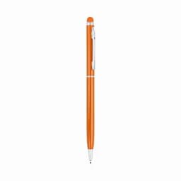 An orange pen with a silver clip and top, featuring a sleek design and a ballpoint tip.
