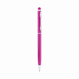 A pink pen with a silver clip and tip, featuring a stylus on the top end. It has a sleek, glossy finish.