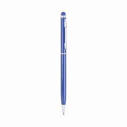 A blue pen with a silver clip and detailing, featuring a stylus tip at the top and a chrome accent.