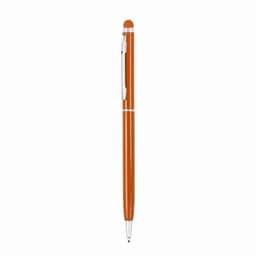An orange pen with a metallic clip and a smooth finish, featuring a stylus on the top.
