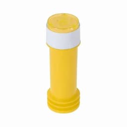 A drink bottle in bright yellow with a white cap and a textured base, featuring a logo.