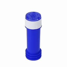 A blue drink bottle with a white lid and a textured top for grip. It features a logo on the side.