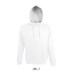 A white hoodie made of 50% cotton and 50% polyester, featuring brushed fleece lining and a hidden zip.