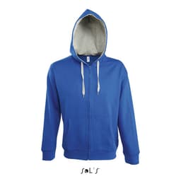 A blue men's hoodie made of 50% cotton and 50% polyester, featuring a brushed fleece lining and hidden zip.