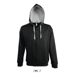A black hoodie with a grey lining and hidden zip, made from 50% cotton and 50% polyester, featuring a logo.