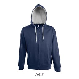 A navy blue men's hoodie made of 50% cotton and 50% polyester, featuring a brushed fleece lining and hidden zip.